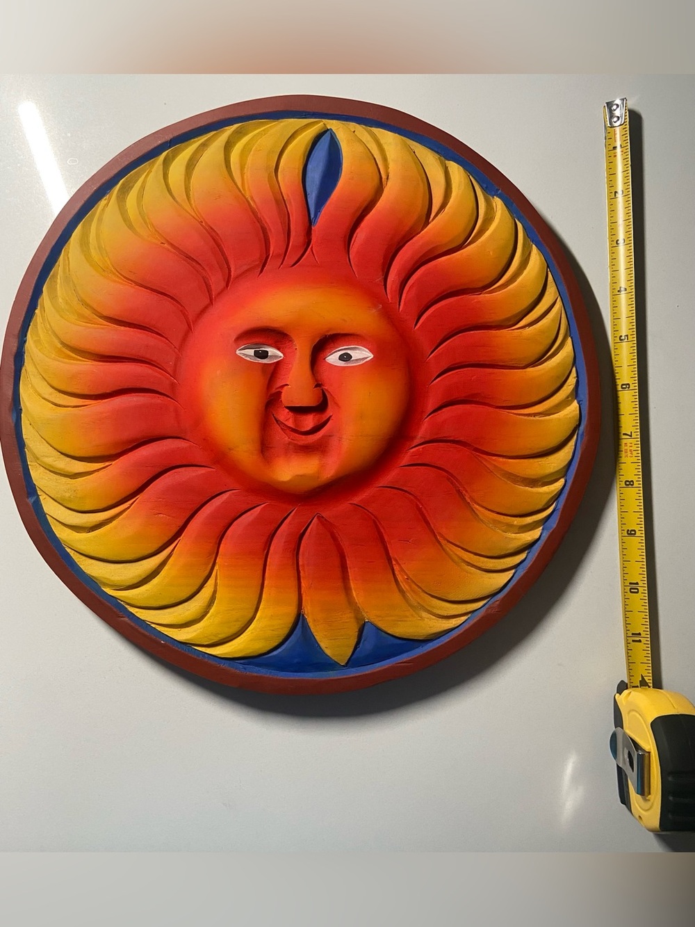 🌞 Vibrant Hand-Carved Wooden Sun Face Wall Art – Radiant 12" Mexican-Style Folk